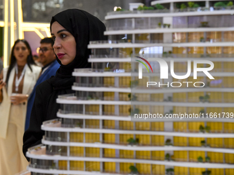 Visitors view models of a new building at the 'Cityscape Qatar 2024' real estate exhibition at the Doha Exhibition and Convention Center in...