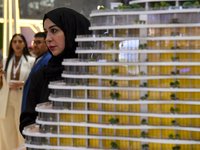 Visitors view models of a new building at the 'Cityscape Qatar 2024' real estate exhibition at the Doha Exhibition and Convention Center in...