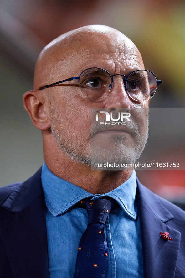 Luis de la Fuente, head coach of Spain, looks on prior to the UEFA Nations League 2024/25 League A Group A4 game between Spain and Denmark a...