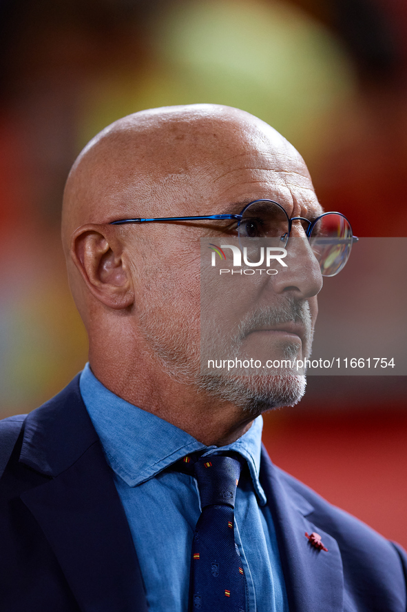 Luis de la Fuente, head coach of Spain, looks on prior to the UEFA Nations League 2024/25 League A Group A4 game between Spain and Denmark a...