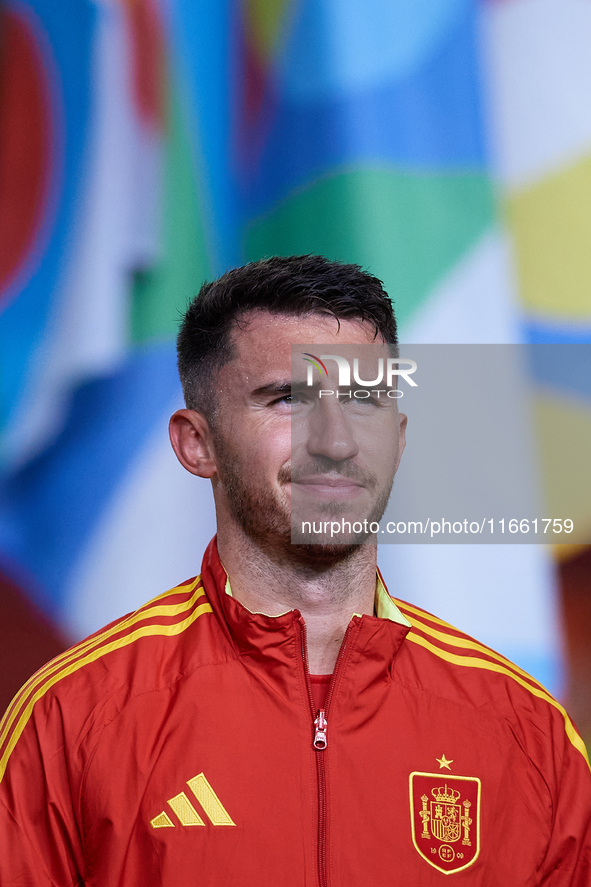 Aymeric Laporte of Spain looks on before the UEFA Nations League 2024/25 League A Group A4 game between Spain and Denmark at Enrique Roca st...