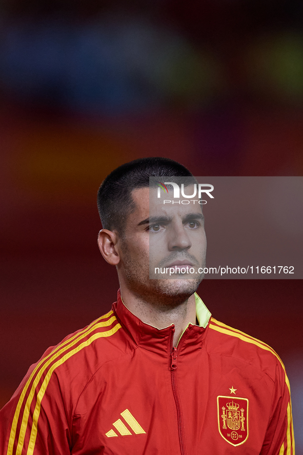 Alvaro Morata of Spain looks on before the UEFA Nations League 2024/25 League A Group A4 game between Spain and Denmark at Enrique Roca stad...