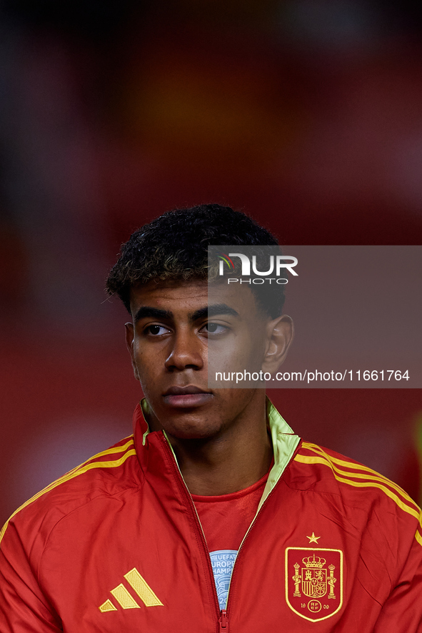 Lamine Yamal of Spain looks on before the UEFA Nations League 2024/25 League A Group A4 game between Spain and Denmark at Enrique Roca stadi...