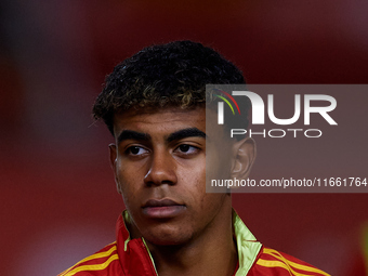 Lamine Yamal of Spain looks on before the UEFA Nations League 2024/25 League A Group A4 game between Spain and Denmark at Enrique Roca stadi...