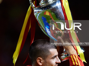 Alvaro Morata of Spain shows the UEFA EURO trophy to the crowd prior to the UEFA Nations League 2024/25 League A Group A4 game between Spain...