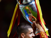 Alvaro Morata of Spain shows the UEFA EURO trophy to the crowd prior to the UEFA Nations League 2024/25 League A Group A4 game between Spain...