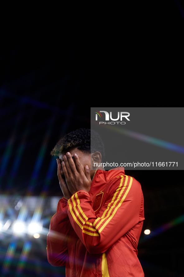 Lamine Yamal of Spain reacts before the UEFA Nations League 2024/25 League A Group A4 game between Spain and Denmark at Enrique Roca stadium...