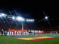 Spain and Denmark line up during the national anthems before the UEFA Nations League 2024/25 League A Group A4 game between Spain and Denmar...