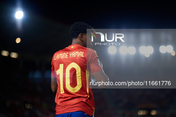 Lamine Yamal of Spain looks on before the UEFA Nations League 2024/25 League A Group A4 game between Spain and Denmark at Enrique Roca stadi...