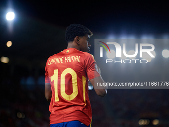 Lamine Yamal of Spain looks on before the UEFA Nations League 2024/25 League A Group A4 game between Spain and Denmark at Enrique Roca stadi...