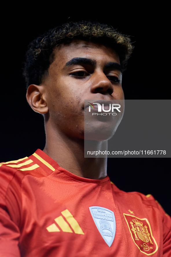 Lamine Yamal of Spain looks on before the UEFA Nations League 2024/25 League A Group A4 game between Spain and Denmark at Enrique Roca stadi...