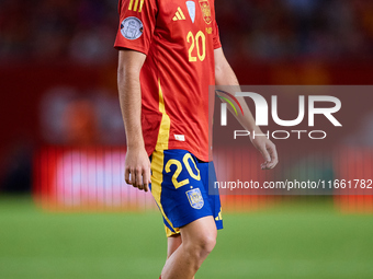 Pedri of Spain looks on during the UEFA Nations League 2024/25 League A Group A4 game between Spain and Denmark at Enrique Roca Stadium in M...