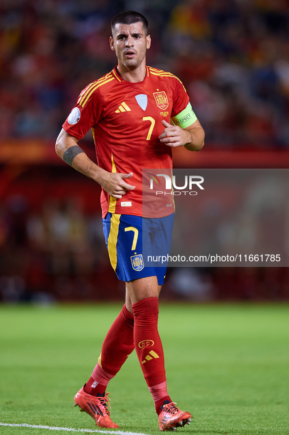 Alvaro Morata of Spain looks on during the UEFA Nations League 2024/25 League A Group A4 game between Spain and Denmark at Enrique Roca Stad...