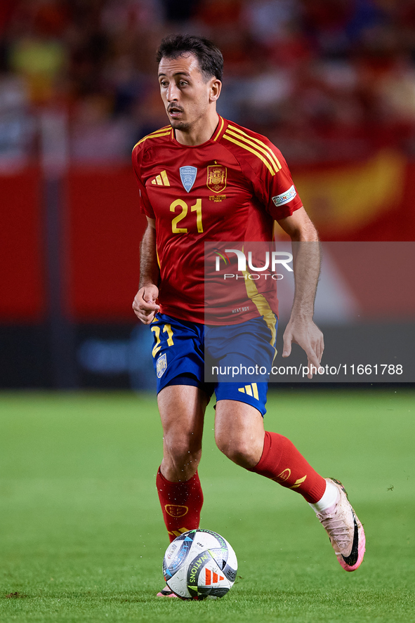 Mikel Oyarzabal of Spain is in action during the UEFA Nations League 2024/25 League A Group A4 game between Spain and Denmark at Enrique Roc...