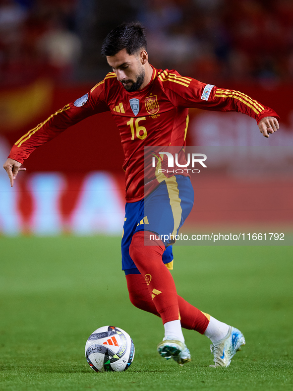 Alex Baena of Spain is in action during the UEFA Nations League 2024/25 League A Group A4 game between Spain and Denmark at Enrique Roca Sta...