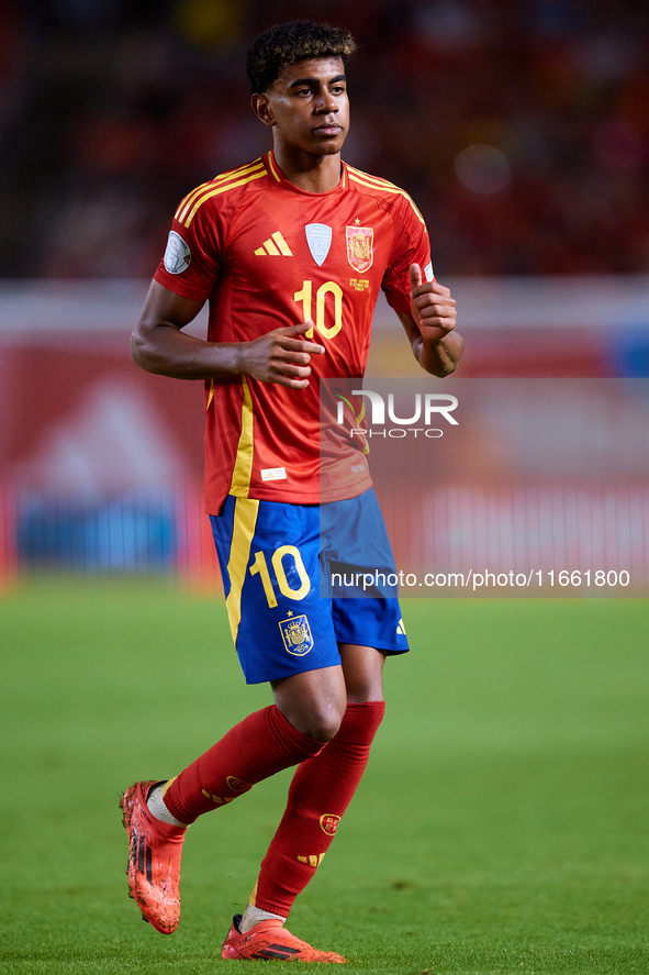 Lamine Yamal of Spain looks on during the UEFA Nations League 2024/25 League A Group A4 game between Spain and Denmark at Enrique Roca Stadi...