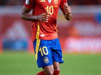 Lamine Yamal of Spain looks on during the UEFA Nations League 2024/25 League A Group A4 game between Spain and Denmark at Enrique Roca Stadi...