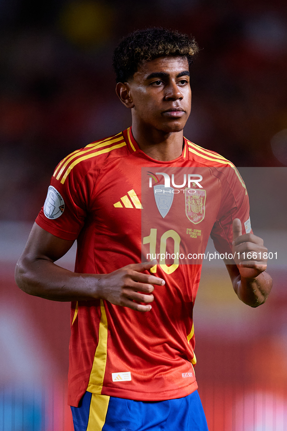 Lamine Yamal of Spain looks on during the UEFA Nations League 2024/25 League A Group A4 game between Spain and Denmark at Enrique Roca Stadi...