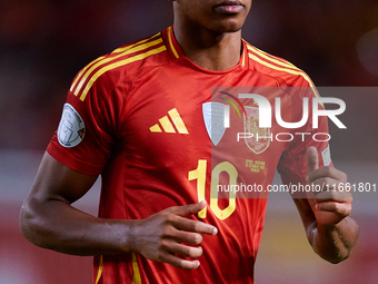 Lamine Yamal of Spain looks on during the UEFA Nations League 2024/25 League A Group A4 game between Spain and Denmark at Enrique Roca Stadi...