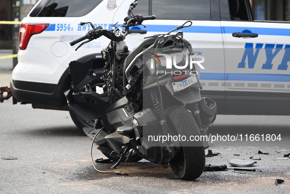 Two people die while riding a motorcycle and crashing into another vehicle in Manhattan, New York, United States, on October 13, 2024. On Su...