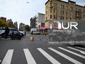 Two people die while riding a motorcycle and crashing into another vehicle in Manhattan, New York, United States, on October 13, 2024. On Su...