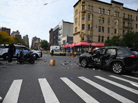 Two people die while riding a motorcycle and crashing into another vehicle in Manhattan, New York, United States, on October 13, 2024. On Su...