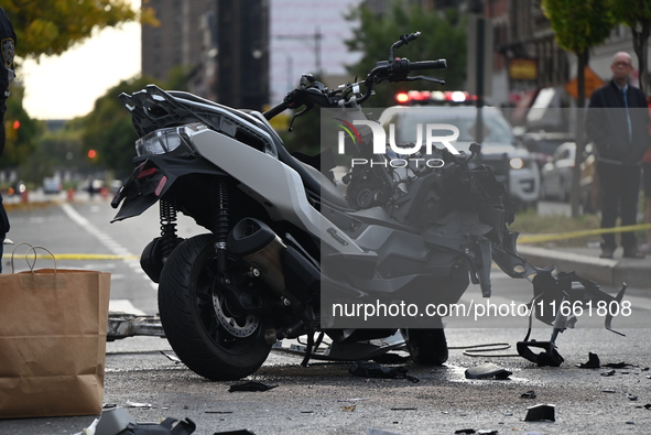 Two people die while riding a motorcycle and crashing into another vehicle in Manhattan, New York, United States, on October 13, 2024. On Su...