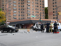 Two people die while riding a motorcycle and crashing into another vehicle in Manhattan, New York, United States, on October 13, 2024. On Su...