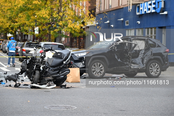 Two people die while riding a motorcycle and crashing into another vehicle in Manhattan, New York, United States, on October 13, 2024. On Su...