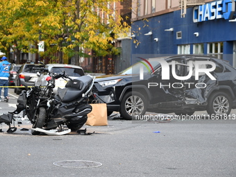 Two people die while riding a motorcycle and crashing into another vehicle in Manhattan, New York, United States, on October 13, 2024. On Su...