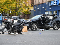 Two people die while riding a motorcycle and crashing into another vehicle in Manhattan, New York, United States, on October 13, 2024. On Su...