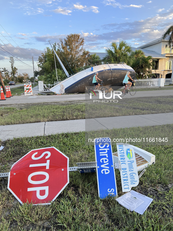 Damage from Hurricane Milton occurs in Punta Gorda, Florida, on October 12, 2024. Hurricane Milton makes landfall near Siesta Key, Florida,...