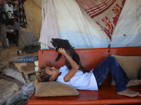 A displaced Palestinian boy carries his pet cat near a makeshift camp, housing displaced Palestinians, on the beach of Deir al-Balah, centra...