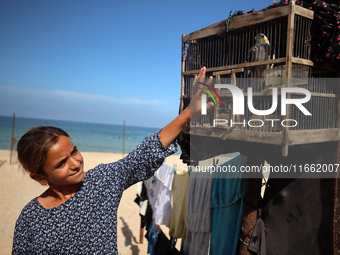 A displaced Palestinian girl plays with a bird outside her displaced family's tent at a makeshift camp on the beach of Deir al-Balah, centra...