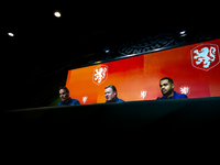 Netherlands trainer Ronald Koeman and Netherlands forward Cody Gakpo attend the press conference at the Allianz Arena for the UEFA Nations L...