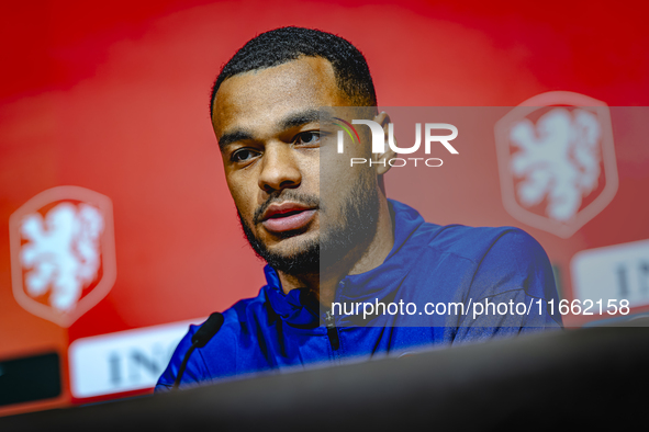 Netherlands forward Cody Gakpo speaks during the press conference in Munich, Germany, on October 13, 2024, at the Allianz Arena for the UEFA...