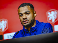 Netherlands forward Cody Gakpo speaks during the press conference in Munich, Germany, on October 13, 2024, at the Allianz Arena for the UEFA...