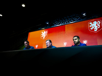 Netherlands trainer Ronald Koeman and Netherlands forward Cody Gakpo attend the press conference at the Allianz Arena for the UEFA Nations L...