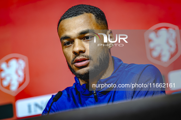 Netherlands forward Cody Gakpo speaks during the press conference in Munich, Germany, on October 13, 2024, at the Allianz Arena for the UEFA...