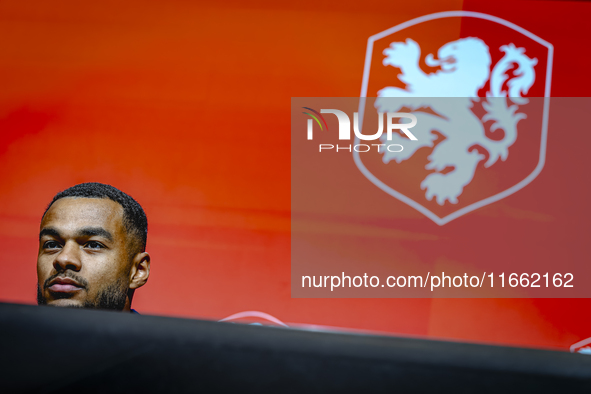 Netherlands forward Cody Gakpo speaks during the press conference in Munich, Germany, on October 13, 2024, at the Allianz Arena for the UEFA...