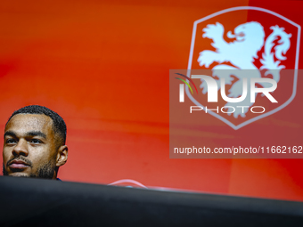 Netherlands forward Cody Gakpo speaks during the press conference in Munich, Germany, on October 13, 2024, at the Allianz Arena for the UEFA...