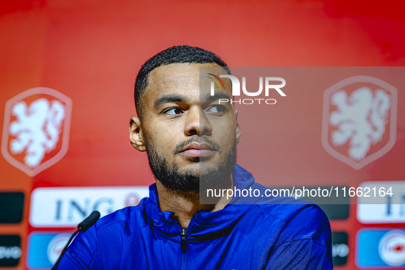 Netherlands forward Cody Gakpo speaks during the press conference in Munich, Germany, on October 13, 2024, at the Allianz Arena for the UEFA...