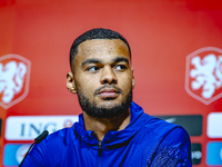 Netherlands forward Cody Gakpo speaks during the press conference in Munich, Germany, on October 13, 2024, at the Allianz Arena for the UEFA...