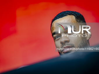 Netherlands forward Cody Gakpo speaks during the press conference in Munich, Germany, on October 13, 2024, at the Allianz Arena for the UEFA...