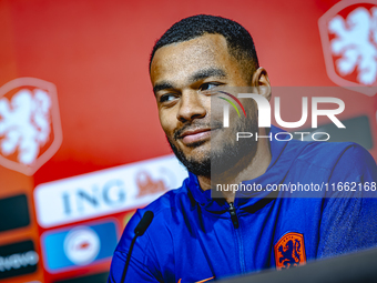 Netherlands forward Cody Gakpo speaks during the press conference in Munich, Germany, on October 13, 2024, at the Allianz Arena for the UEFA...