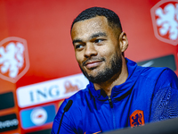 Netherlands forward Cody Gakpo speaks during the press conference in Munich, Germany, on October 13, 2024, at the Allianz Arena for the UEFA...