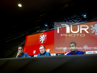 Netherlands trainer Ronald Koeman and Netherlands forward Cody Gakpo attend the press conference at the Allianz Arena for the UEFA Nations L...