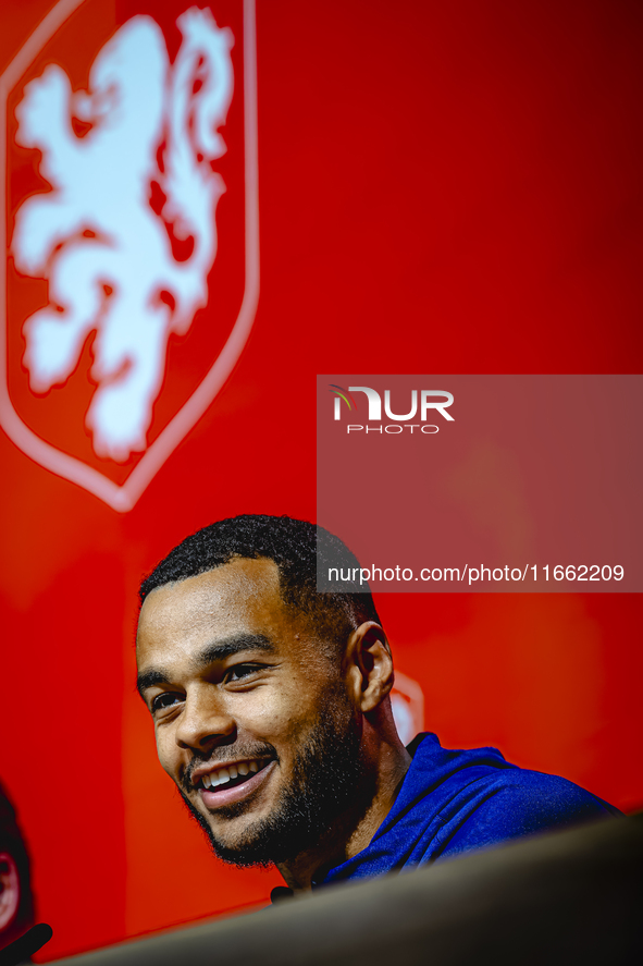 Netherlands forward Cody Gakpo speaks during the press conference in Munich, Germany, on October 13, 2024, at the Allianz Arena for the UEFA...