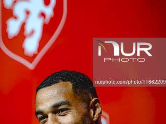 Netherlands forward Cody Gakpo speaks during the press conference in Munich, Germany, on October 13, 2024, at the Allianz Arena for the UEFA...