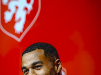 Netherlands forward Cody Gakpo speaks during the press conference in Munich, Germany, on October 13, 2024, at the Allianz Arena for the UEFA...